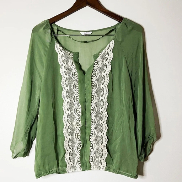 Candie's Tops - Sheer Lace Top Embroidered Blouse Gathered Long Sleeve Size Large
